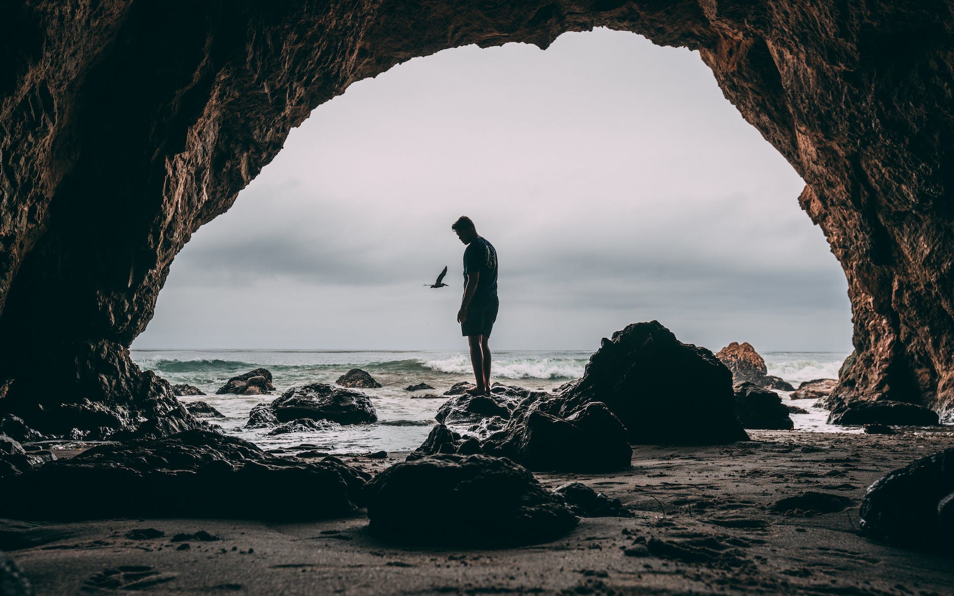 photo of man standing on rock near seashore